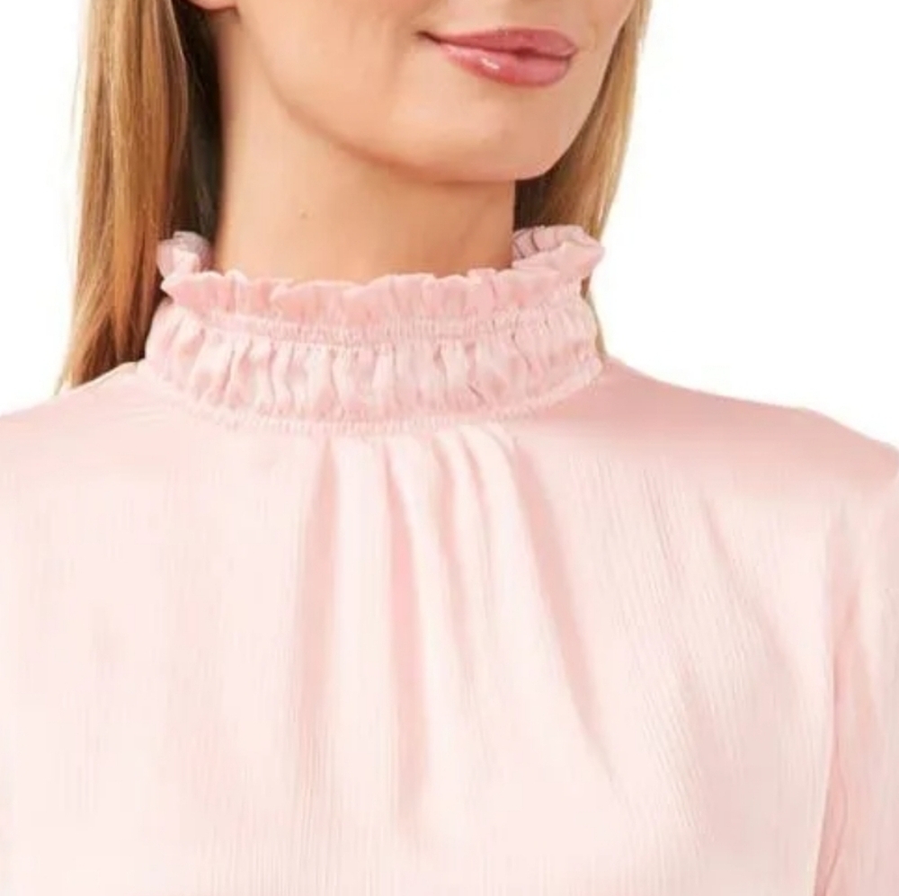 CeCe Pink Mock Neck Ruffle Sleeve Blouse NWT Romantic Work Top Small - Picture 4 of 14